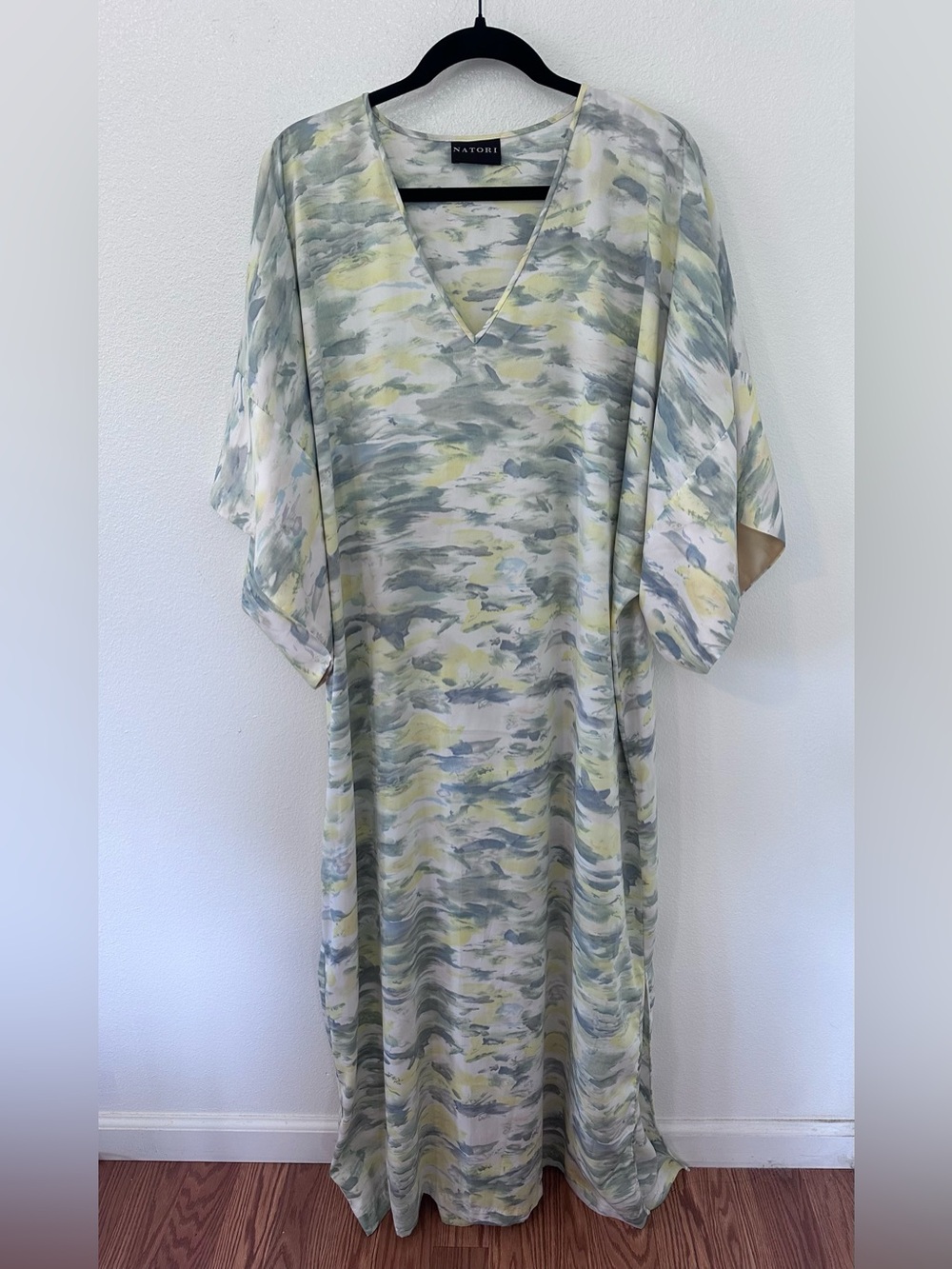 Natori Watercolor V-Neck Kaftan in Pale Green and Soft Yellow